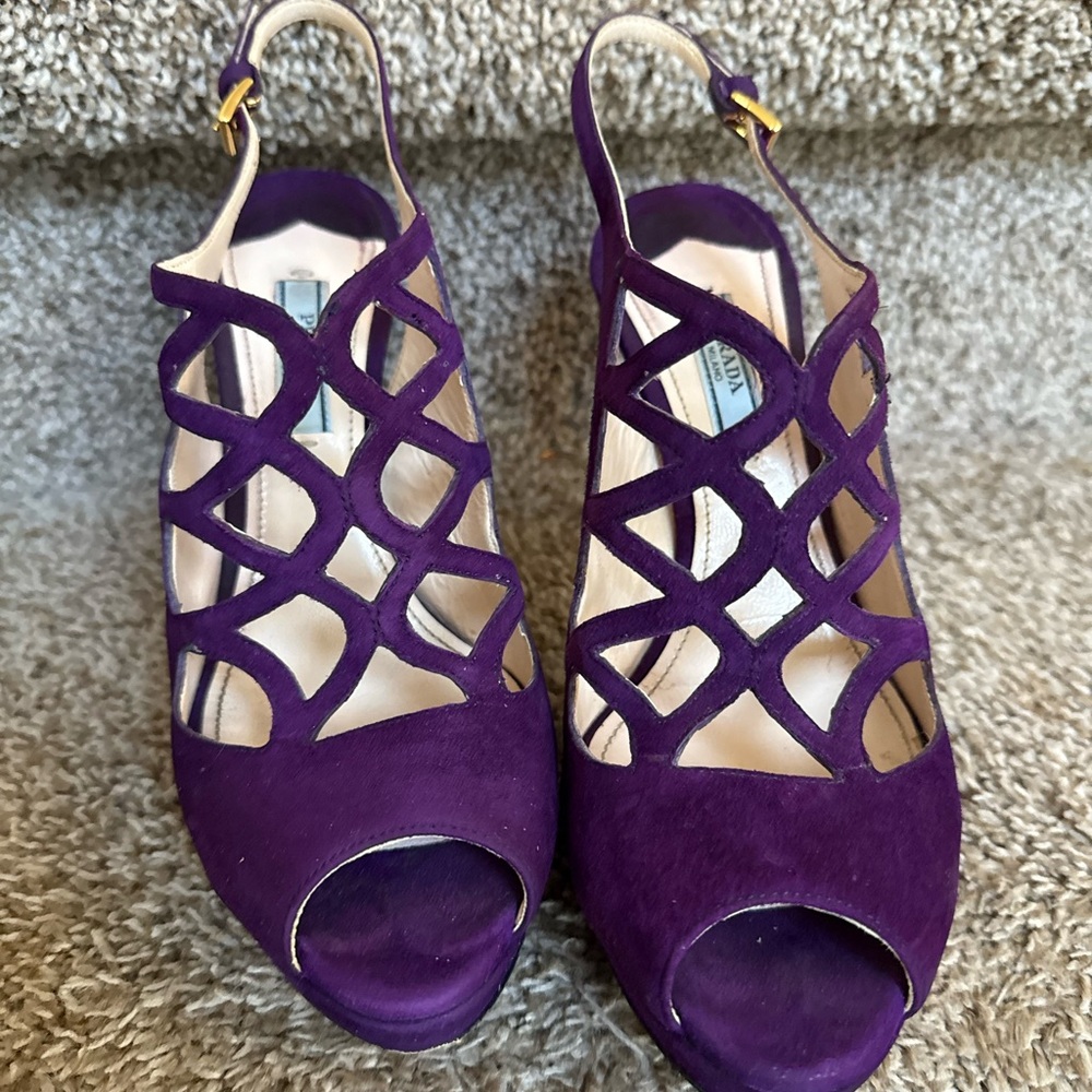 Prada Women’s Purple Suede Lattice Slingback Platform High Heel Sandals - Picture 5 of 12